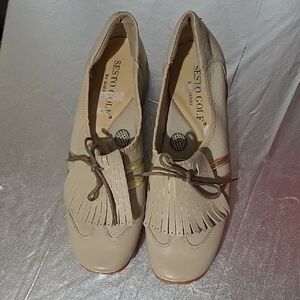 Beige Leather Fringe Oxford Flats